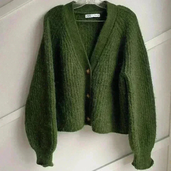 Zara Purl Knit Button Front Alpaca Wool Dark Green Oversized Cardigan size S - Picture 6 of 10